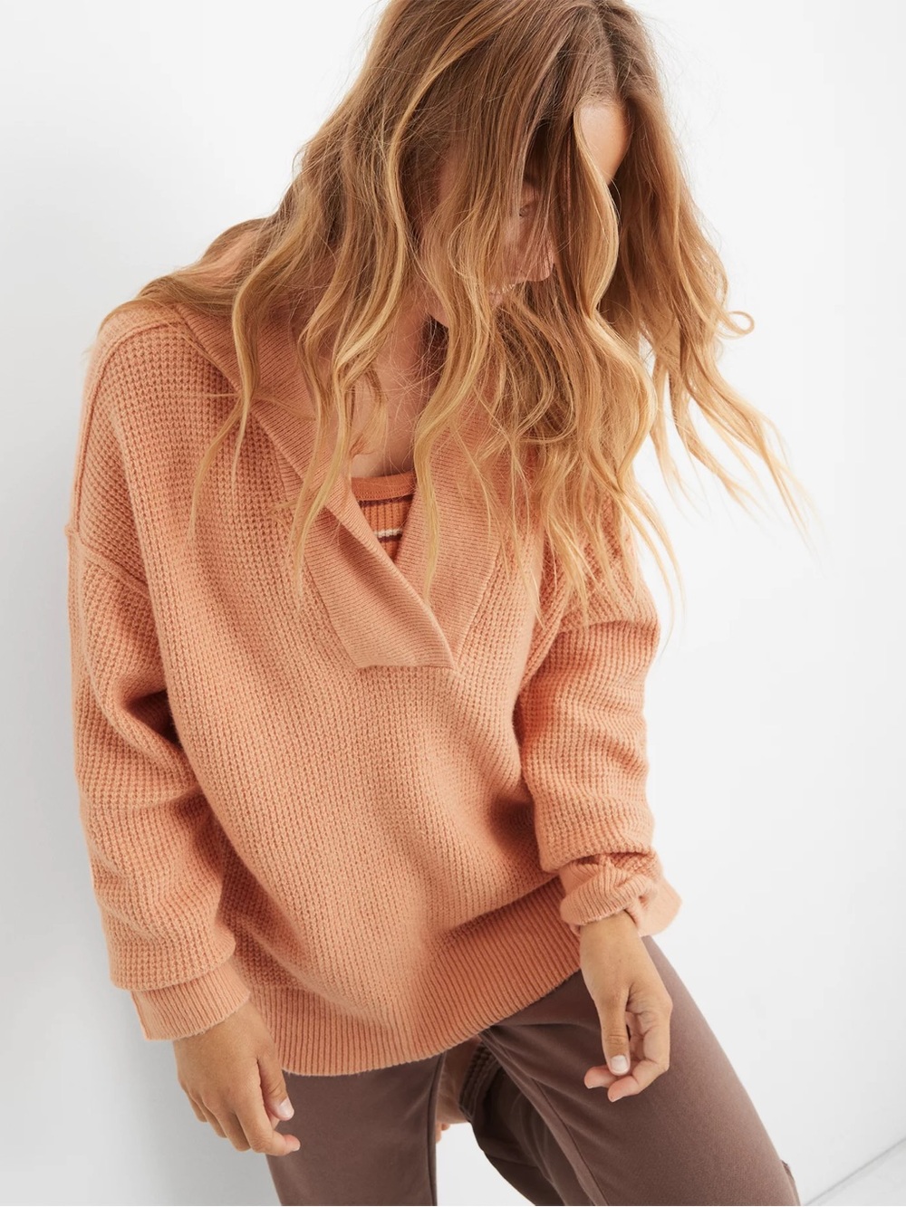 Aerie CozyUp Waffle Sweater Hoodie Peach Size L